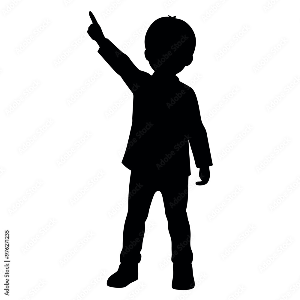a child standing with their back to the viewer. The child is facing towards the right side of the image and is pointing upwards with their right hand a child standing with their back to the viewer. The child is facing towards the right side of the image and is pointing upwards with their right hand