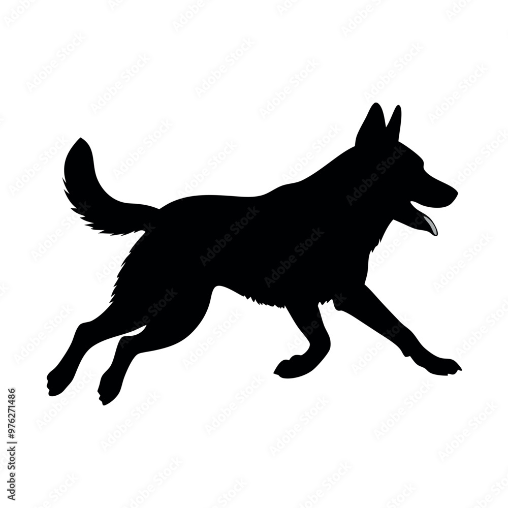 a dog running. The dog appears to be a German Shepherd or a similar breed. It is in mid-stride, with its front legs stretched out and its tail wagging a dog running. The dog appears to be a German Shepherd or a similar breed. It is in mid-stride, with its front legs stretched out and its tail wagging