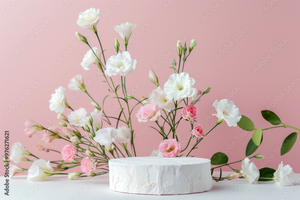 composition with white plaster podium and beautiful eustoma flowers composition with white plaster podium and beautiful eustoma flowers