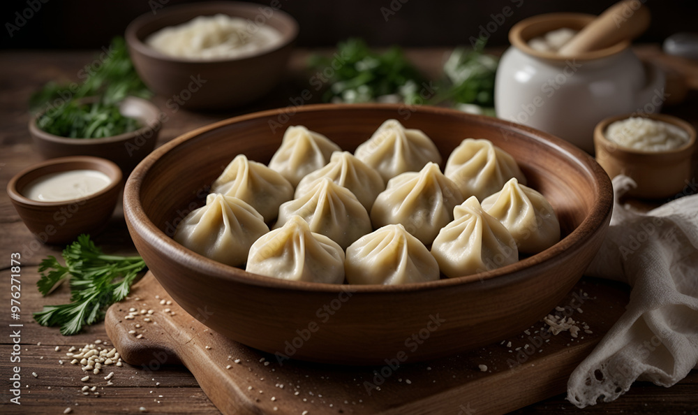Homemade dumplings on a wooden board with garnish and sour cream Homemade dumplings on a wooden board with garnish and sour cream