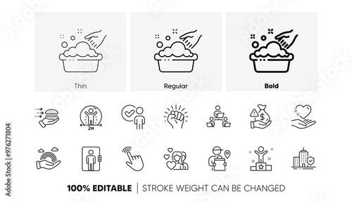 Apartment insurance, Hand washing and Delivery man line icons. Pack of Verification person, Hold heart, Empower icon. Lgbt, Food delivery, Bribe pictogram. Social distance, Elevator, Teamwork. Vector