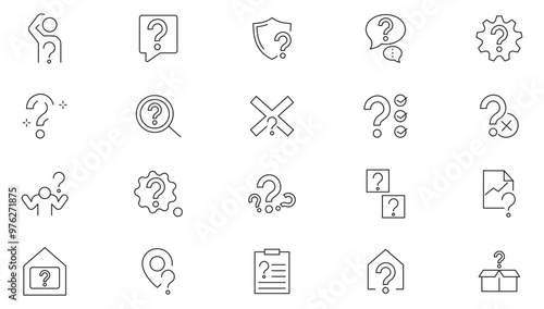 Question line icon set. Problem, confusion, asking, questioning, question mark, ask, help, speech, button, chat, quiz question, problem solve line icon collection. UI thin line icon pack.