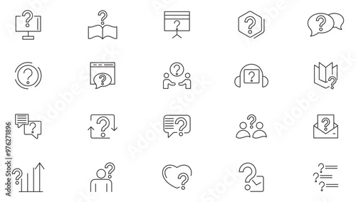 Question line icon set. Problem, confusion, asking, questioning, question mark, ask, help, speech, button, chat, quiz question, problem solve line icon collection. UI thin line icon pack.