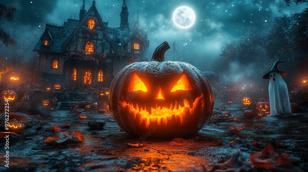 Fototapeta premium Halloween glowing Jack-o-lantern with spooky ghosts and bats in the background, ideal for a Halloween commercial.