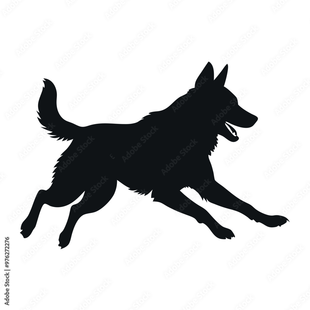 a dog running. The dog appears to be a German Shepherd or a similar breed. It is in mid-stride, with its front legs stretched out and its tail wagging a dog running. The dog appears to be a German Shepherd or a similar breed. It is in mid-stride, with its front legs stretched out and its tail wagging
