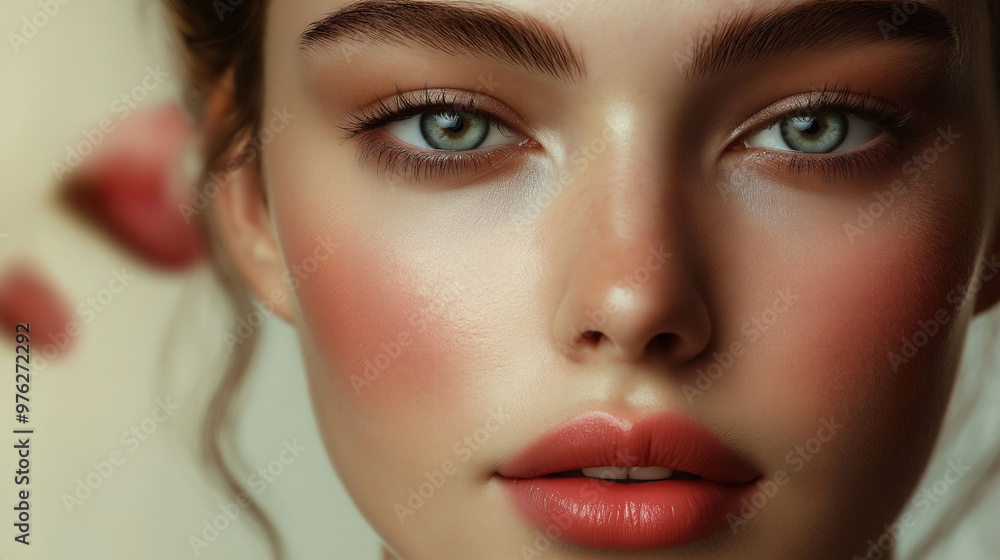 Glamorous closeup of young woman with flawless makeup, radiant skin, and captivating eyes, showcasing cosmetics, beauty concept Glamorous closeup of young woman with flawless makeup, radiant skin, and captivating eyes, showcasing cosmetics, beauty concept