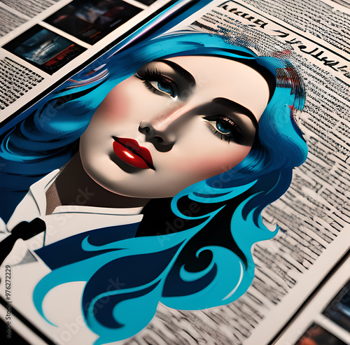 Newspaper art retro style creativity woman on background in bright karsk.generative ai	 photo