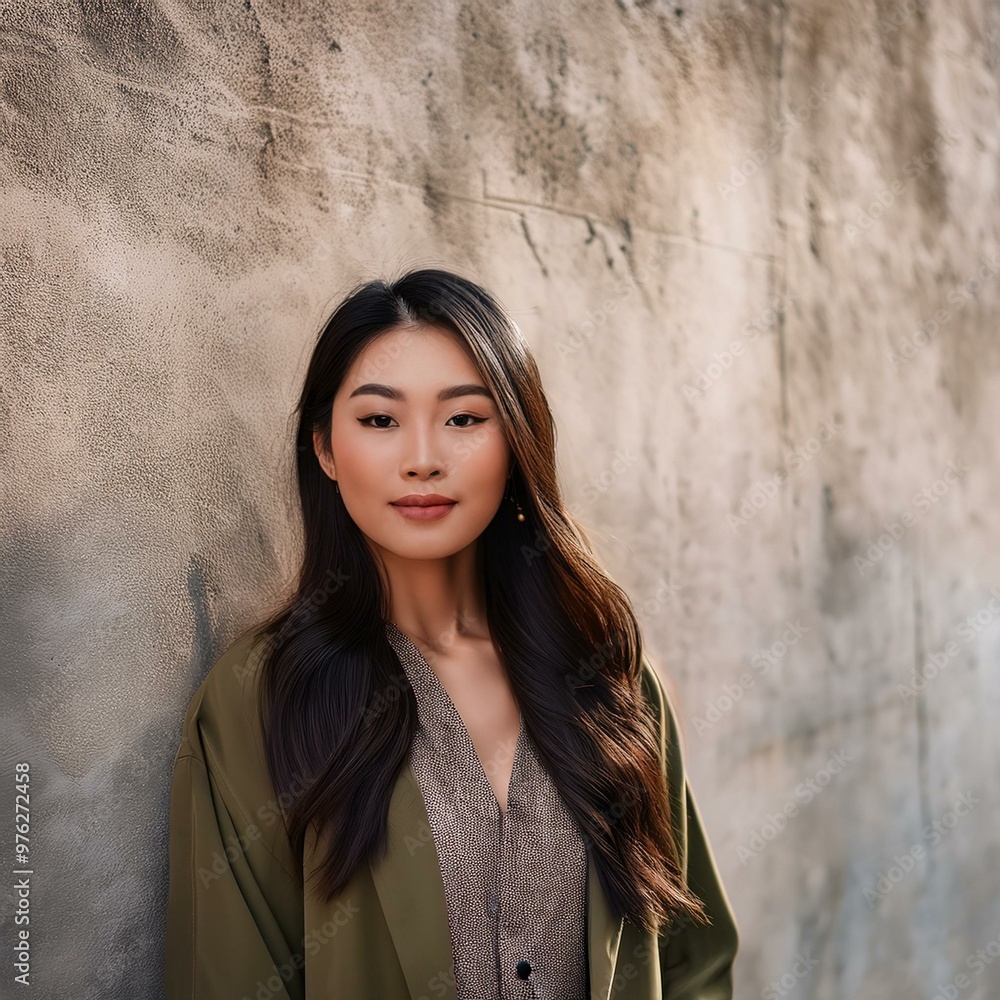 Fototapeta premium Woman with Natural Texture- A minimalist portrait of a woman against a natural, textured wall with copy space, for beauty, fashion, or architectural design projects