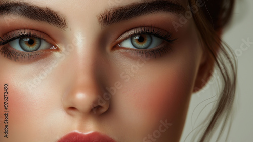 Close-up shot of woman's eyes, perfect makeup, defined brows, long lashes, vibrant eyeshadow, glowing skin, makeup beauty concept