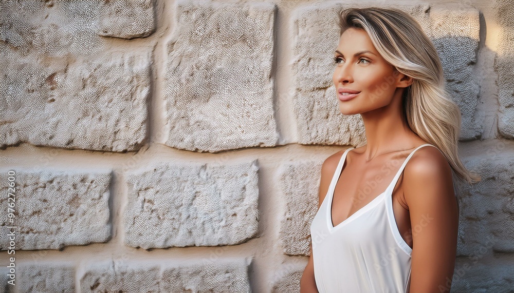 Woman with Natural Texture- A minimalist portrait of a woman against a natural, textured wall with copy space, for beauty, fashion, or architectural design projects Woman with Natural Texture- A minimalist portrait of a woman against a natural, textured wall with copy space, for beauty, fashion, or architectural design projects