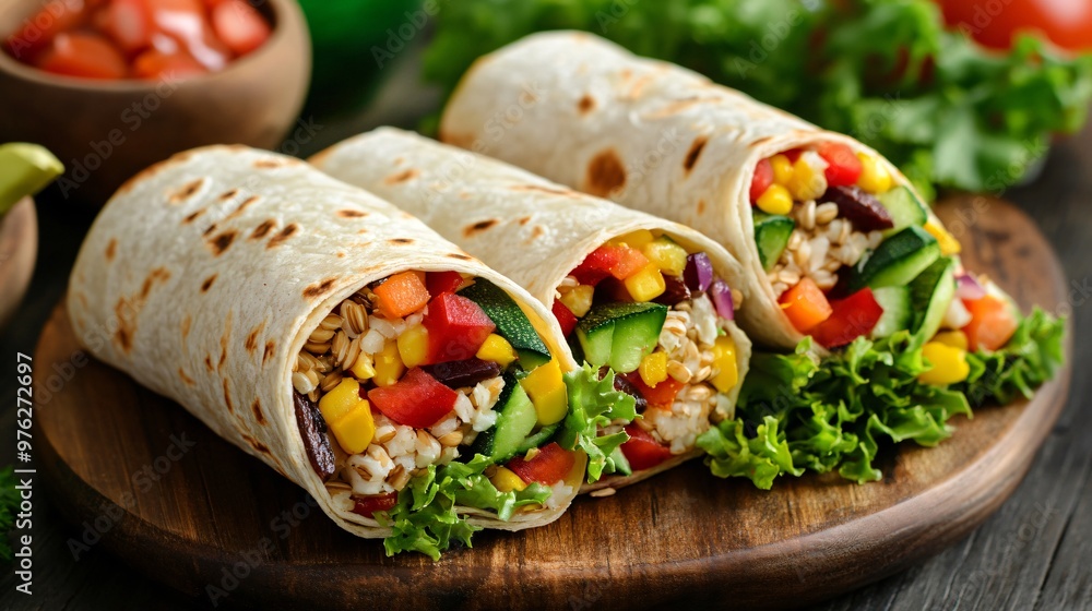 Three vegetarian burritos filled with corn, red pepper, cucumber, and black beans on a wooden cutting board.