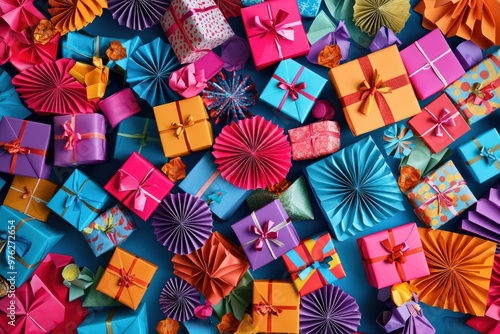 A vibrant banner celebrates with a multitude of gift boxes adorned with velvet ribbons and colorful paper decorations, perfect for festive occasions like Christmas or birthdays. photo