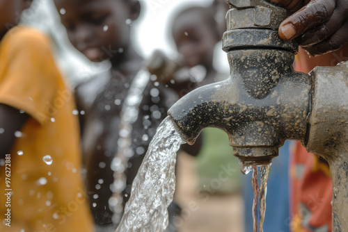 Hands hold a tap with water gushing out in an outdoor setting, highlighting the preciousness and necessity of clean water access in communities facing water scarcity challenges. photo