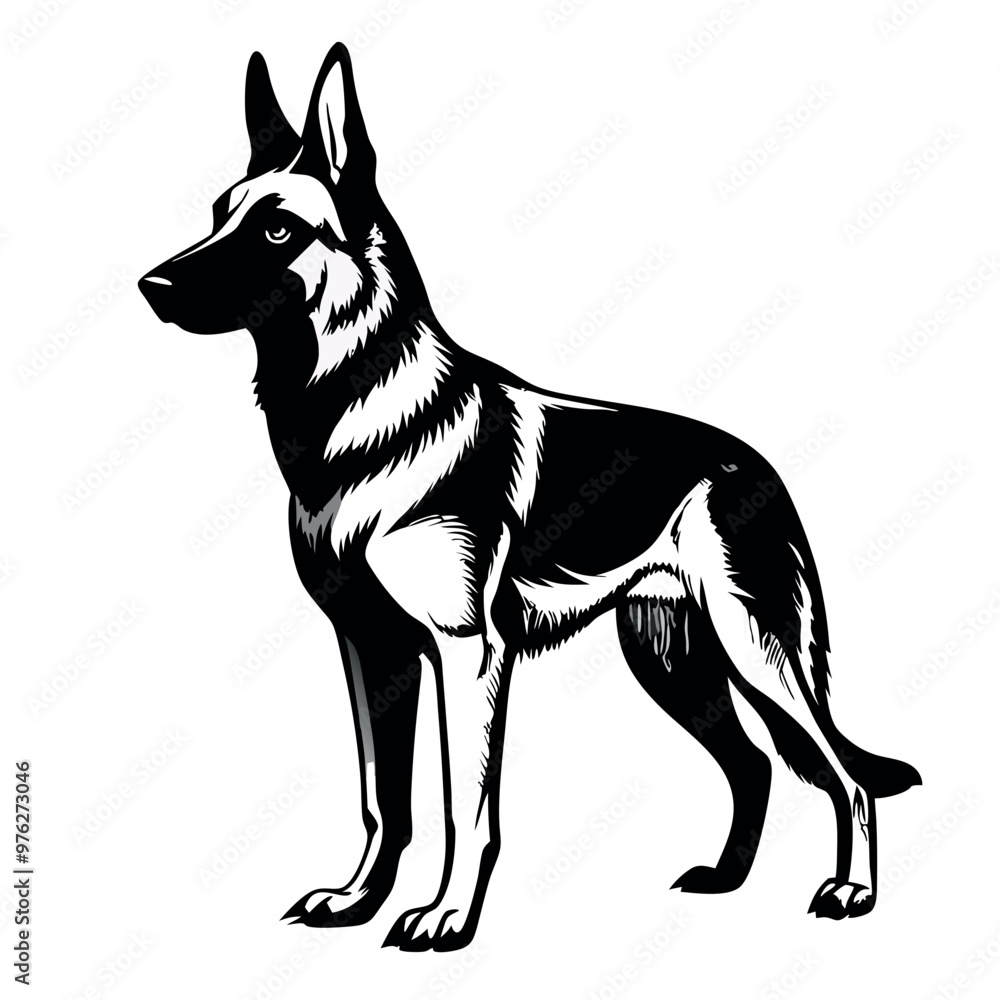 a German Shepherd dog. The dog is standing on all fours and is facing towards the left side of the image. It has a long, slender body with a pointed head and pointed ears a German Shepherd dog. The dog is standing on all fours and is facing towards the left side of the image. It has a long, slender body with a pointed head and pointed ears