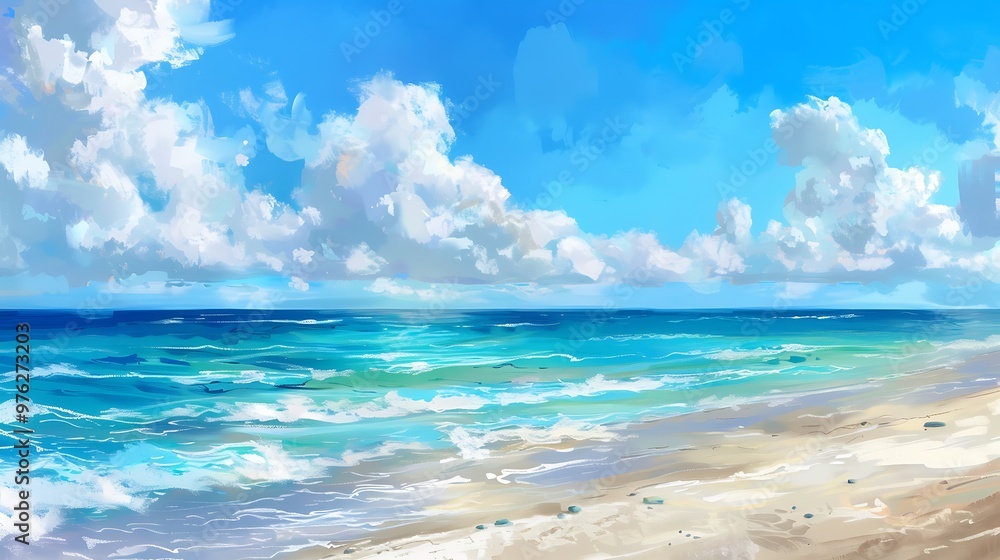 Fototapeta premium Thunderous Summer Skies: An Anime-Inspired Illustration, Beautiful Blue Skies with Nature, Moon ,Cloud ,Beach scenery, Tree, night -Anime concept Background 