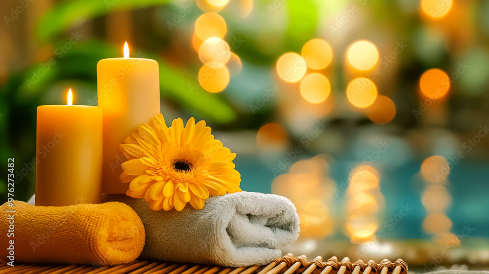 A tranquil spa arrangement showcases soft towels, flickering candles, and vibrant flowers, creating a peaceful atmosphere by a calm pool with gentle lighting A tranquil spa arrangement showcases soft towels, flickering candles, and vibrant flowers, creating a peaceful atmosphere by a calm pool with gentle lighting