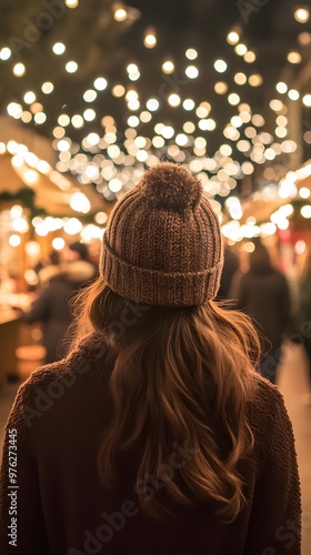 A woman in winter with her back to the camera, standing at an outdoor Christmas market decorated for the holiday season