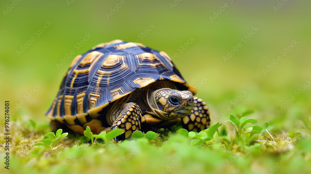 Obraz premium Small turtle with intricate patterned shell, crawling on a lush green surface, blending with the natural environment, embodying patience and tranquility.