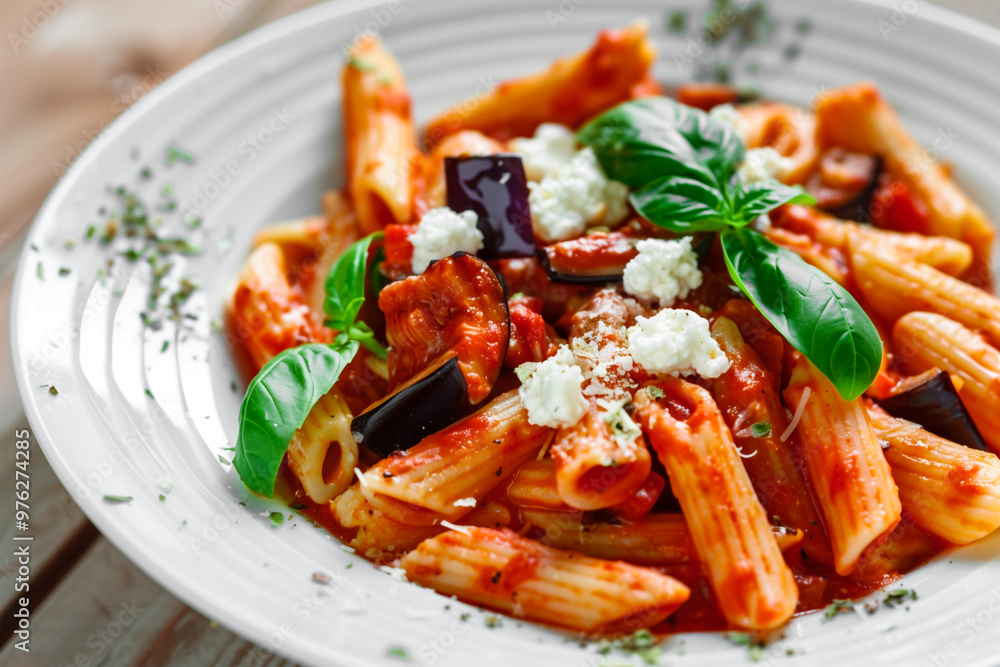 traditional dish pasta alla norma with eggplant, selective focus traditional dish pasta alla norma with eggplant, selective focus