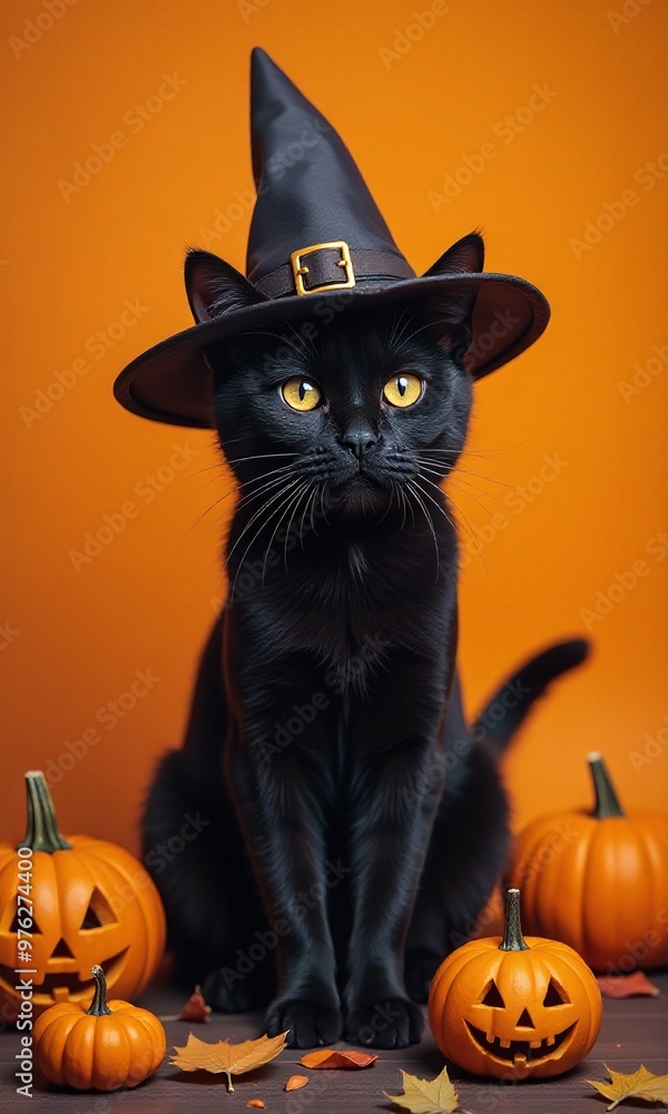 black cat wearing a witch hat, surrounded by jack-o'-lanterns and pumpkins, autumn leaves on the ground, orange background black cat wearing a witch hat, surrounded by jack-o'-lanterns and pumpkins, autumn leaves on the ground, orange background