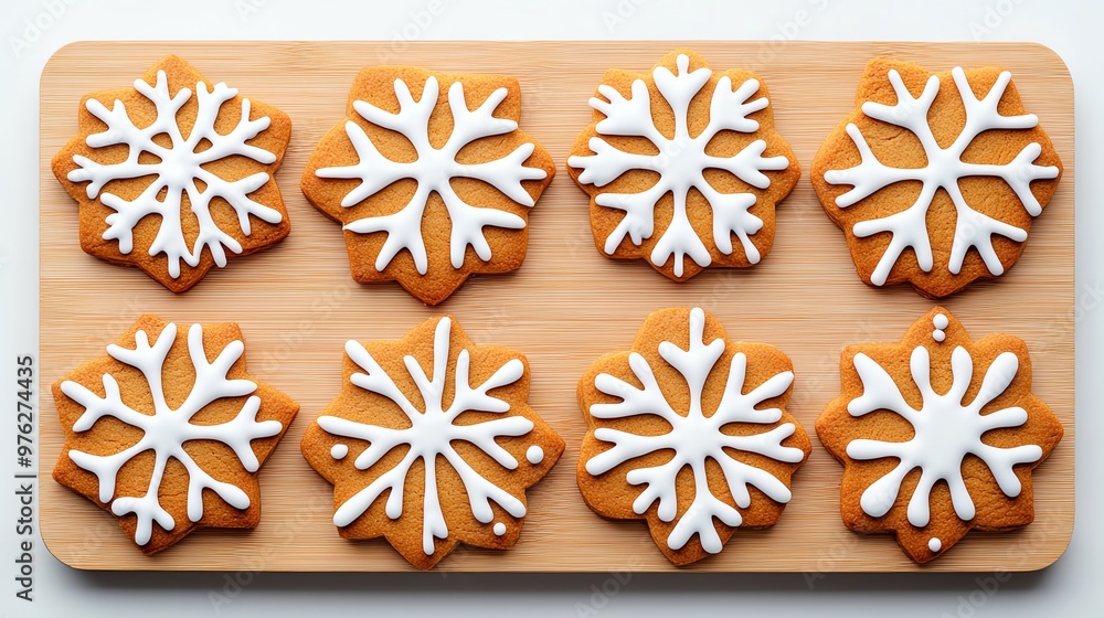 Eight beautifully decorated snowflake-shaped cookies with white icing rest on a wooden board, ready for a festive occasion or holiday celebration. Eight beautifully decorated snowflake-shaped cookies with white icing rest on a wooden board, ready for a festive occasion or holiday celebration.