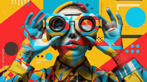 Abstract portrait of a person with binoculars, featuring geometric shapes and bold colors, creating a futuristic and avant-garde look with a surreal twist.