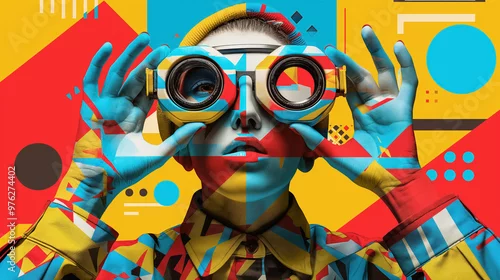 Panel kuchenny z motywem Abstract portrait of a person with binoculars, featuring geometric shapes and bold colors, creating a futuristic and avant-garde look with a surreal twist.