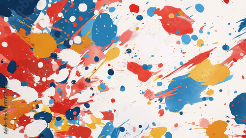 Abstract splatter painting with red, blue, yellow, and white paint in a dynamic and energetic composition, creating a sense of movement and chaos. photo