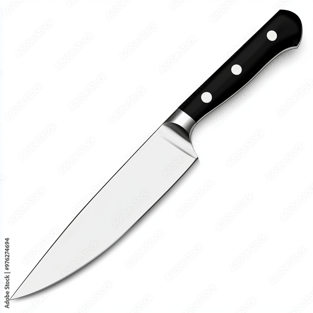 Professional chef's knife with a black handle and stainless steel blade, on a white background, sharp and durable kitchen tool. Professional chef's knife with a black handle and stainless steel blade, on a white background, sharp and durable kitchen tool.