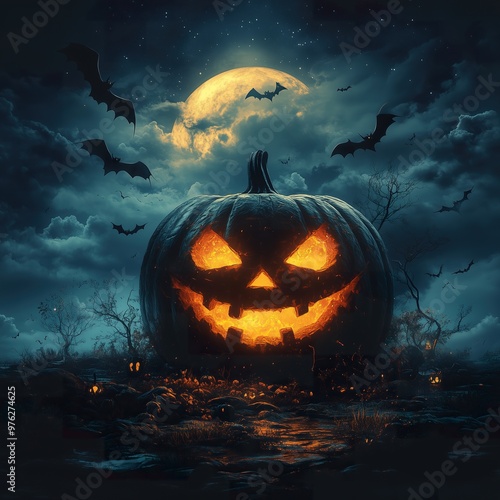 Halloween glowing Jack-o-lantern with spooky ghosts and bats in the background, ideal for a Halloween commercial.