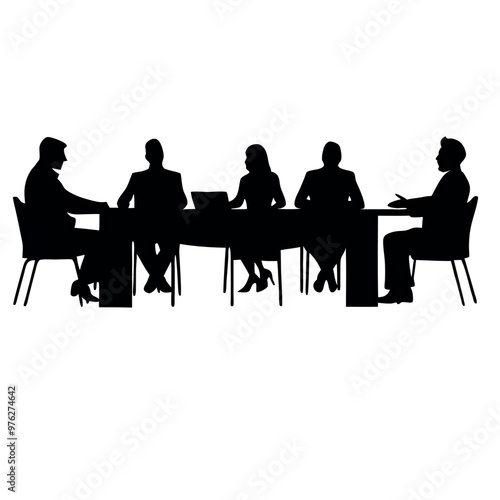 a group of six people sitting around a long table. The table is rectangular in shape and appears to be made of wood