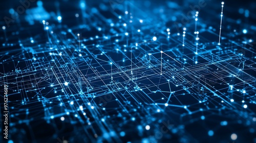 A technology blueprint design showing business expansion with charts, network connections, and structural growth elements