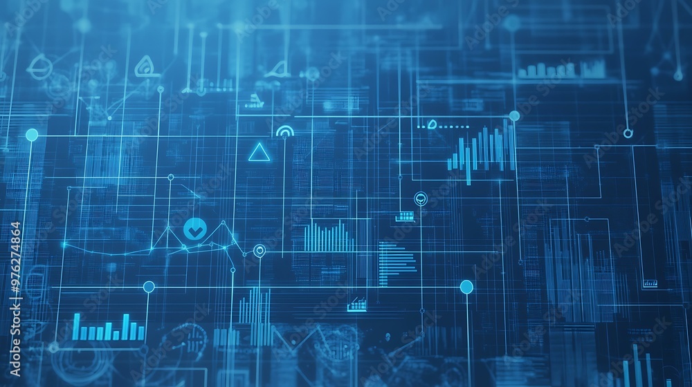 A blueprint illustration featuring upward arrows, tech icons, and a grid layout, representing business development in the tech industry A blueprint illustration featuring upward arrows, tech icons, and a grid layout, representing business development in the tech industry