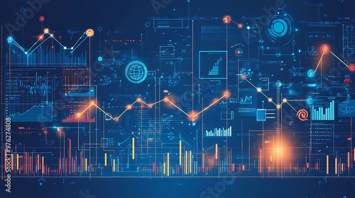 A blueprint illustration combining business growth charts with technology symbols, showing upward movement and expansion
