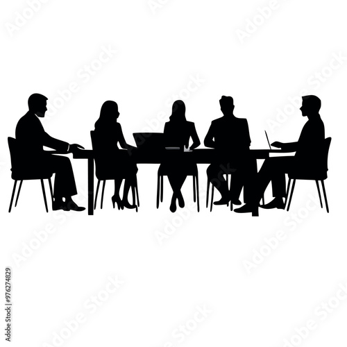 a group of six people sitting around a long table. The table is rectangular in shape and appears to be made of wood