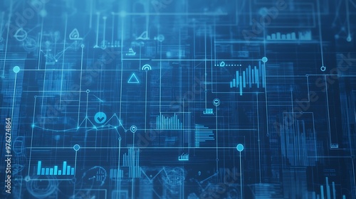 A blueprint illustration featuring upward arrows, tech icons, and a grid layout, representing business development in the tech industry
