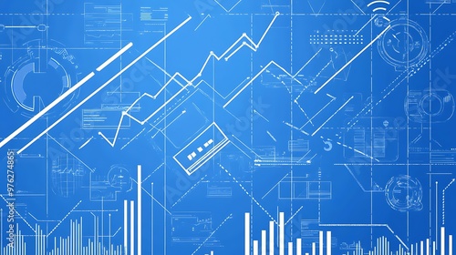 A blueprint illustration of a growing tech company, with graphs and upward arrows, symbolizing business success and expansion