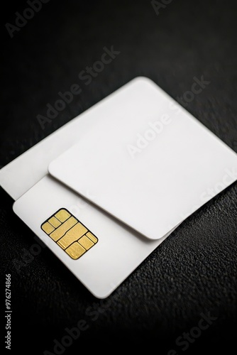 Close-up of two white blank credit cards on a dark background with one card featuring a visible chip, representing finance and electronic transactions. photo