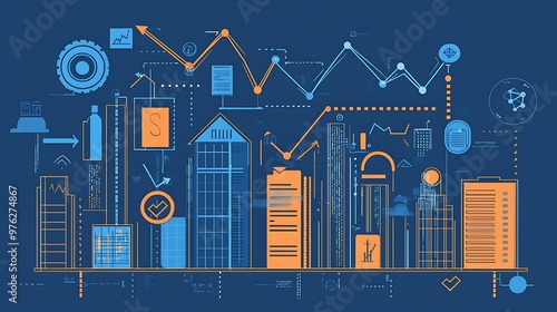 A blueprint illustration of a growing tech company, with graphs and upward arrows, symbolizing business success and expansion