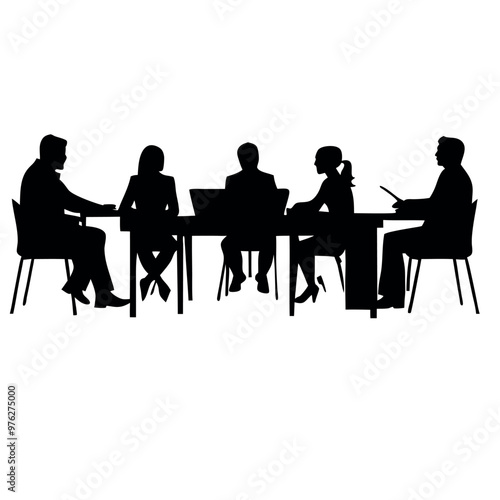 a group of six people sitting around a long table. The table is rectangular in shape and appears to be made of wood