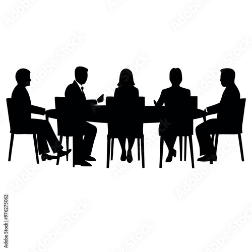 a group of six people sitting around a long table. The table is rectangular in shape and appears to be made of wood