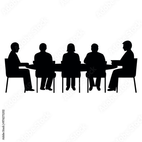a group of six people sitting around a long table. The table is rectangular in shape and appears to be made of wood