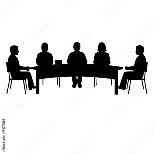 a group of six people sitting around a long table. The table is rectangular in shape and appears to be made of wood