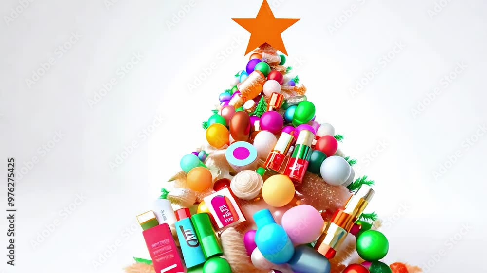 Creative festive Christmas tree made of makeup products on white background Creative festive Christmas tree made of makeup products on white background