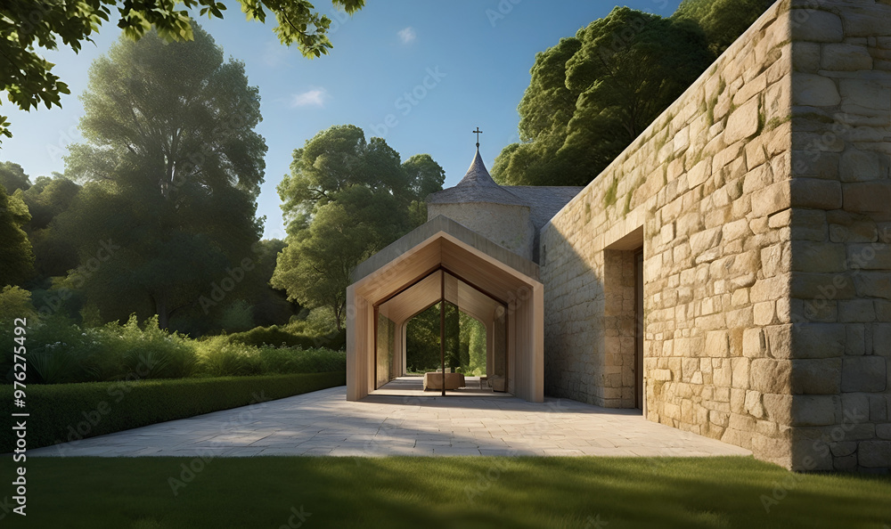 Fototapeta premium An ancient chapel in a secluded valley surrounded by verdant trees