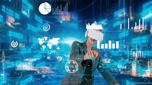 Woman reporter explaining dynamic market data calculated analysis pointing big data business by VR innovation interface digital infographic network technology visual hologram animation. Contraption.