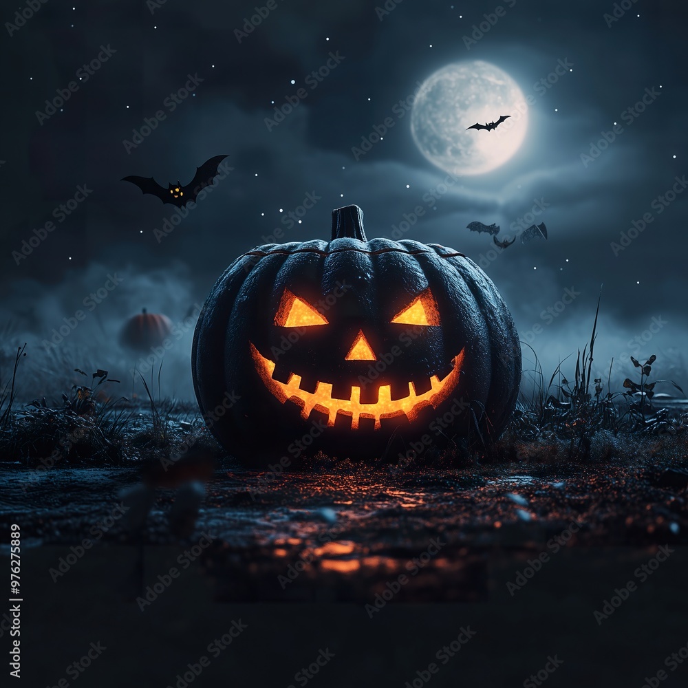 Halloween haunted house scene with eerie Jack-o-lantern, flying bats, and spooky ghosts, perfect for creating a haunting atmosphere in seasonal marketing, ads design elements Halloween commercial. Halloween haunted house scene with eerie Jack-o-lantern, flying bats, and spooky ghosts, perfect for creating a haunting atmosphere in seasonal marketing, ads design elements Halloween commercial.