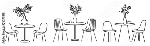 Continuous one line drawing of a chairs and table with a vase containing a plant. Scandinavian stylish furniture in a simple linear style. Vector illustration.