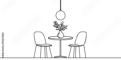 Continuous one line drawing of a chairs and table with a vase containing a plant. Scandinavian stylish furniture in a simple linear style. Vector illustration.