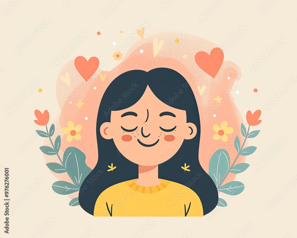 Smiling Girl Surrounded by Hearts Flowers Smiling Girl Surrounded by Hearts Flowers